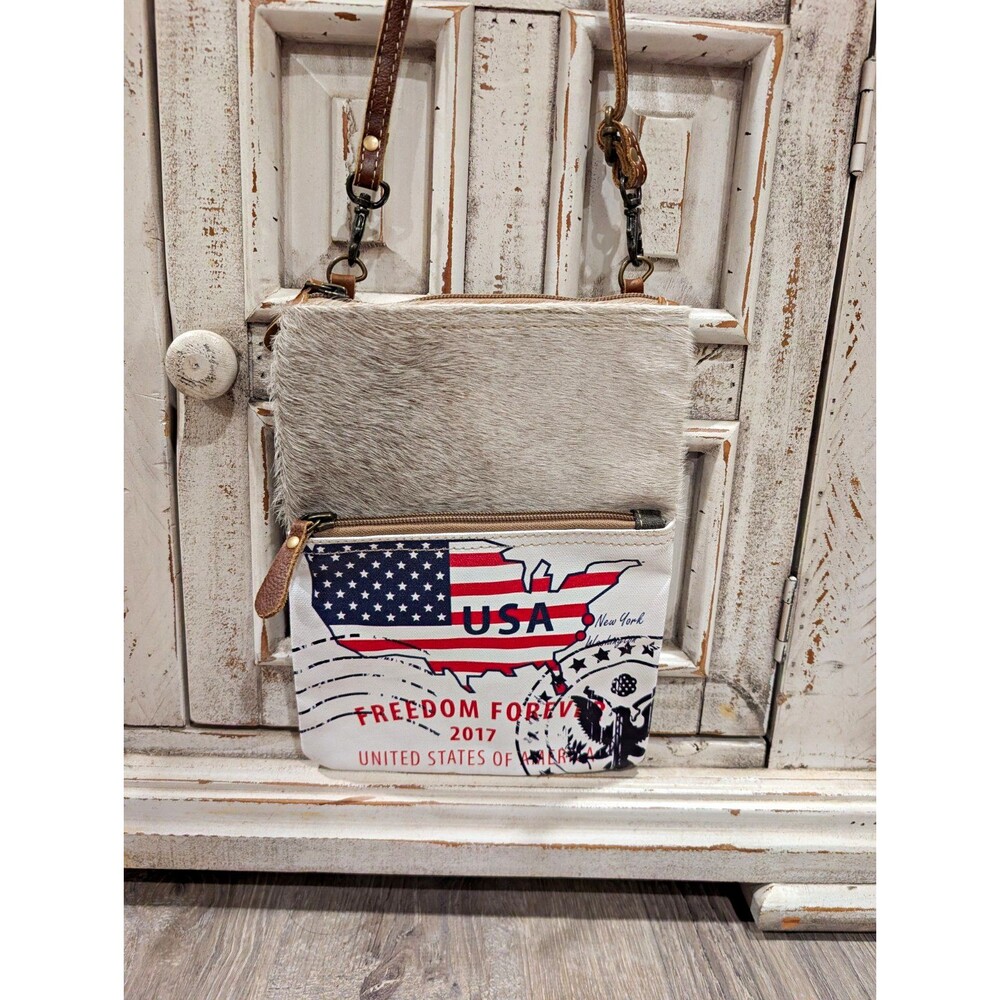Myra Bag Freedom Forever Cowhide Leather Canvas USA Flag Crossbody Small Purse